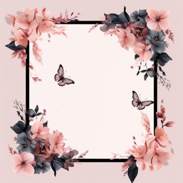 Zdjęcie różowa ramka kwiatowa z motylami i kwiatami na jasnoróżowym tle