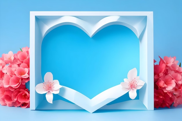 Różowa ramka z kwiatami i makietą serca na błękitnym tle wygenerowana przez Ai