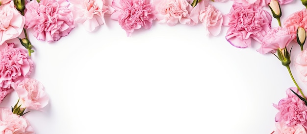 Różowa ramka z kwiatem goździka na białym tle z pustą przestrzenią pośrodku Jest