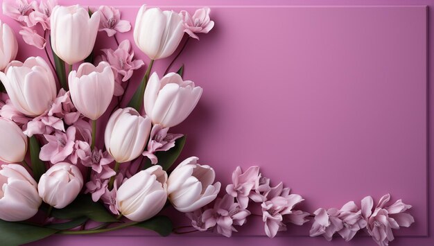 Zdjęcie różowa ramka z tulipanami na fioletowym tle