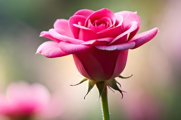 Różowa róża jest na pierwszym planie rozmytego tła.