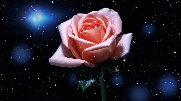 Różowa róża na tle nocnego nieba z gwiazdami i przestrzenią