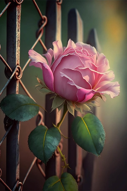 Różowa róża siedzi na szczycie metalowego ogrodzenia generatywnego ai