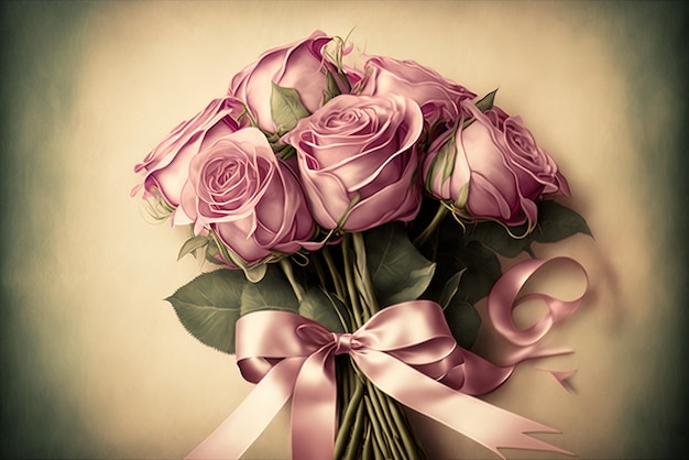 Zdjęcie różowa róża z wstążkami i pustym miejscem dla tekstu
