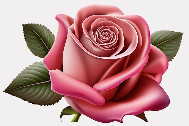Różowa róża z zielonym liściem.
