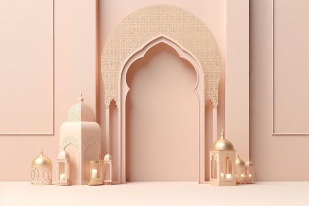 Różowa ściana z arabską architekturą i meczetem.