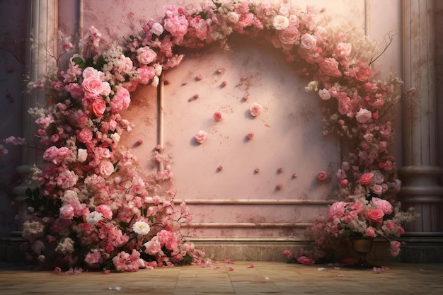 różowa ściana z kwiatami pośrodku.