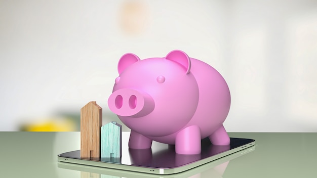 Różowa skarbonka i dom z drewna na tablecie dla koncepcji biznesowej nieruchomości renderowania 3d