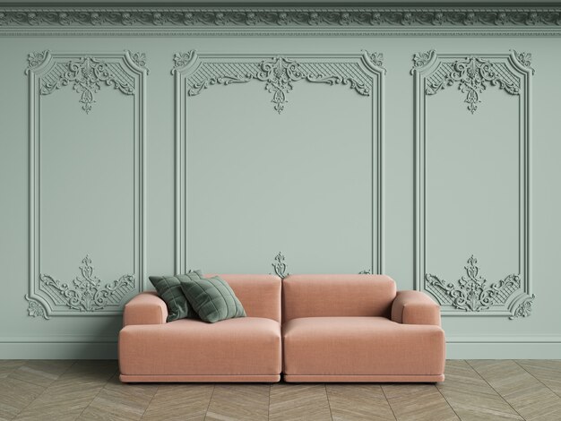 Różowa sofa z zielonymi poduszkami w klasycznym wnętrzu vintage z miejsca kopiowania. Jasne oliwkowe ściany z listwami i ozdobnym gzymsem. Parkiet podłogowy w jodełkę. Renderowania 3d