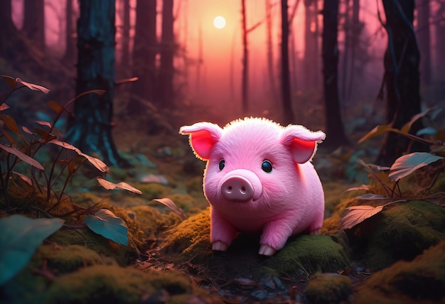 Różowa świnia stoi w lesie.