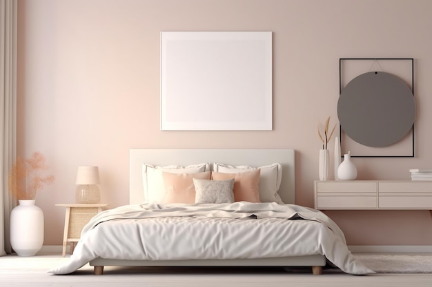 Różowa sypialnia z białym łóżkiem i oprawionym obrazem na ścianie.