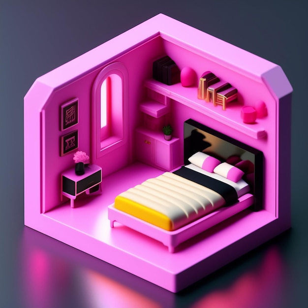 Różowa sypialnia z czarno-białym łóżkiem i biurkiem.