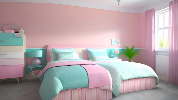 Różowa sypialnia z łóżkiem i lampką