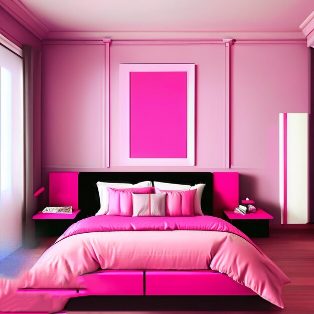 Różowa sypialnia z różową ramką i różowym obrazem na ścianie.
