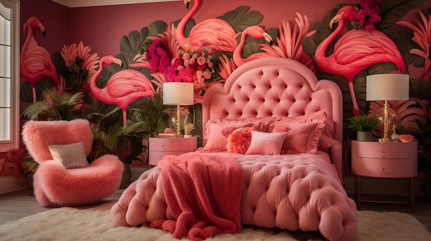 Różowa sypialnia z tapetą w kształcie flamingów i różowym aksamitnym łóżkiem
