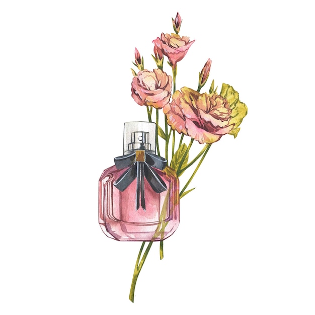 Różowa szklana butelka perfum eustoma kwiat na białym tle Akwarela ręka rysunek ilustracja Projekt artystyczny