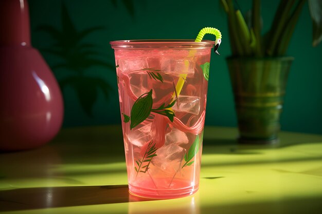 Różowa szklanka napoju z zielonym liściem na krawędzi i zielonym tłem z rośliną w tle.