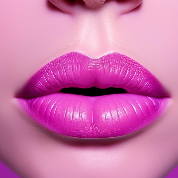 Zdjęcie różowa szminka na ustach na fioletowym tle