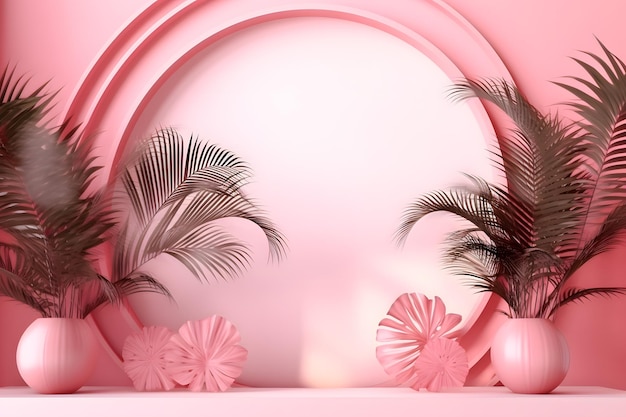 Różowa tapeta z okrągłą ramką i liśćmi palmowymi pośrodku