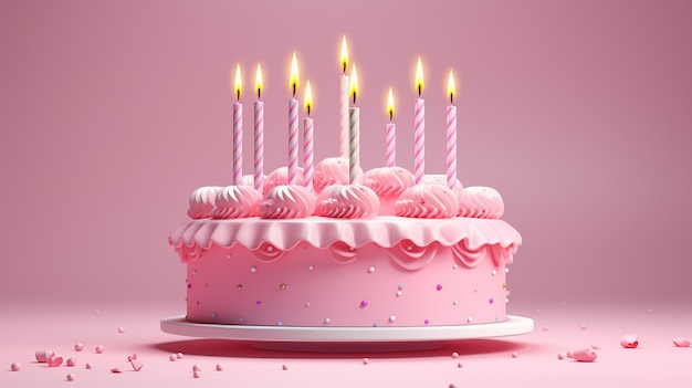różowa tarta urodzinowa ze świeczkami na pastelowym różowym tle