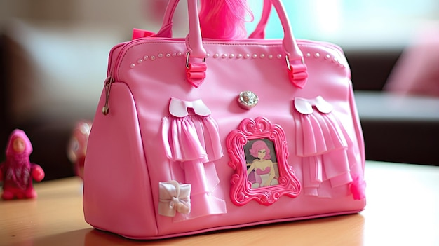 Różowa torebka z wizerunkiem dziecka w ramce.