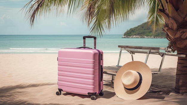 Różowa walizka leży na plaży obok palmy