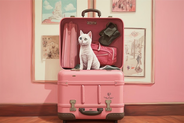 Różowa walizka z siedzącym w niej rysunkowym kotem