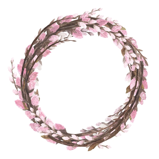 Różowa wierzba wieniec cipki akwarela z wiosną oddział na białym tle rysunek ręka Wielkanoc ilustracja do projektowania