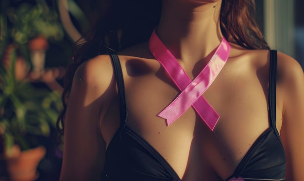 Zdjęcie różowa wstążka symbol raka piersi na pięknym, wspaniałym, kobiecym staniku, młodym, ładnym ciele.