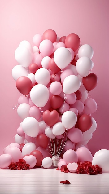 Zdjęcie różowe balony w kształcie serca w pokoju kanapie poduszka romantyczna scena impreza urodzinowa tło love booth