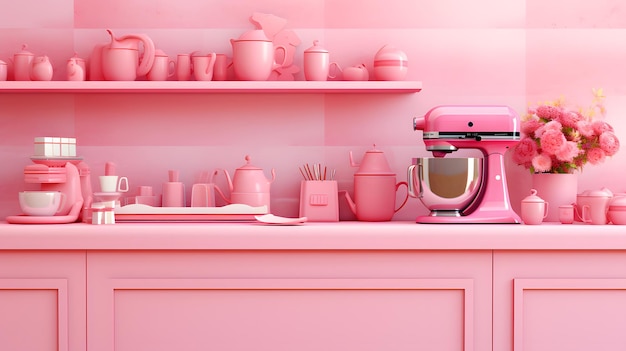 Różowe barbie nowoczesne wnętrze kuchni z lodówką i zlewem ilustracja 3d renderowania