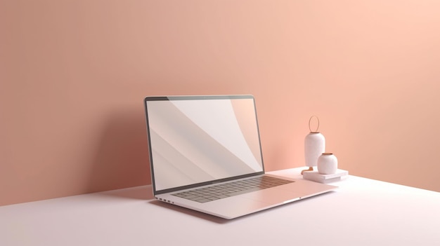 Różowe biurko z laptopem i lampą na stole