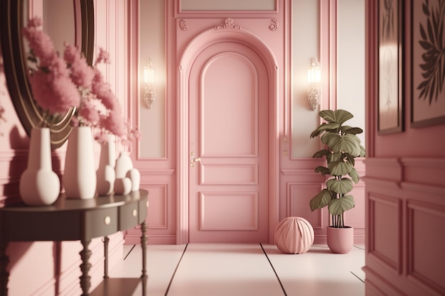Różowe drzwi z białą ramą i różowe drzwi.
