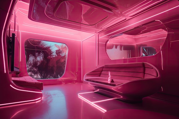 Różowe futurystyczne wnętrze z pływającymi meblami i projekcjami holograficznymi