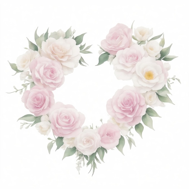 Różowe i białe akwarele kwiatów w kształcie serca na białym tle
