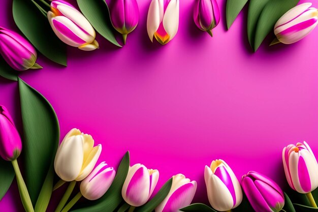Różowe i białe tulipany na różowym tle.