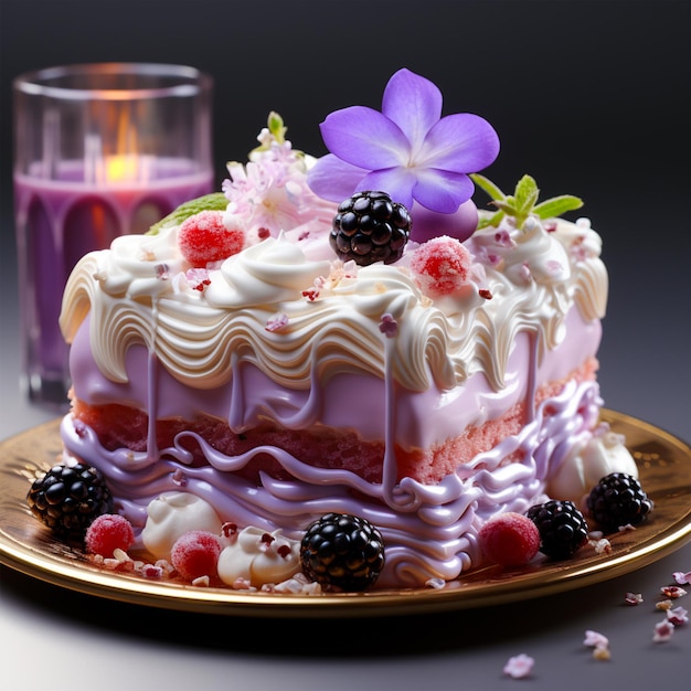 Różowe i fioletowe ciasto z truskawkami i jagodami na wierzchu
