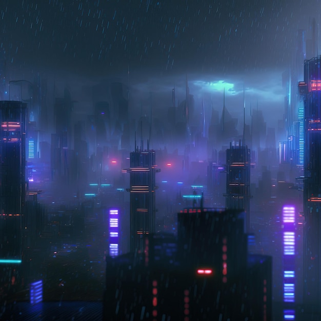 różowe i niebieskie neony nad miastem pełnym drapaczy chmur w stylu cyberpunk ciemne miasto z gradientem