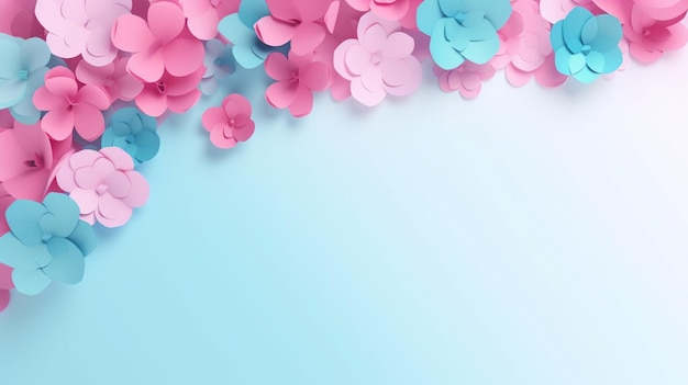 Różowe i niebieskie papierowe kwiaty na niebieskim tle
