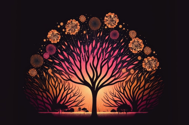 Różowe i pomarańczowe fajerwerki z drzewnym wzorem i ciemnym nocnym tłem