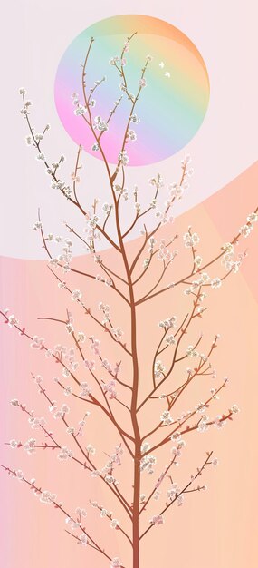 Zdjęcie różowe i pomarańczowe tło z gałęzią drzewa, która ma różowy kwiat w nim