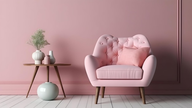 Różowe krzesło w salonie z rośliną na stoliku.