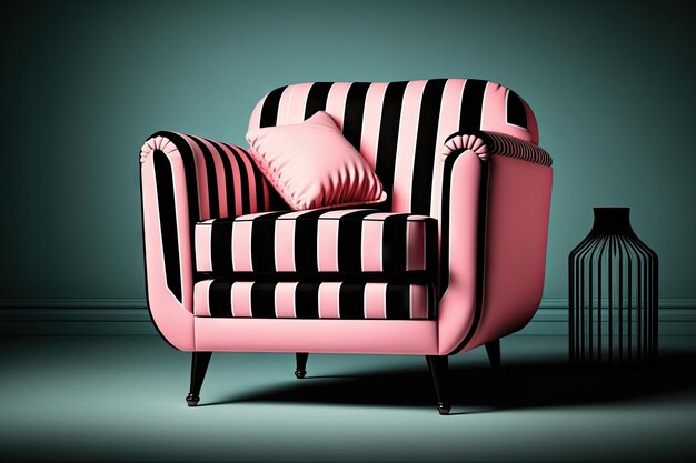 Różowe krzesło z czarnymi i białymi paskami w stylu retro stworzone za pomocą generatywnej AI