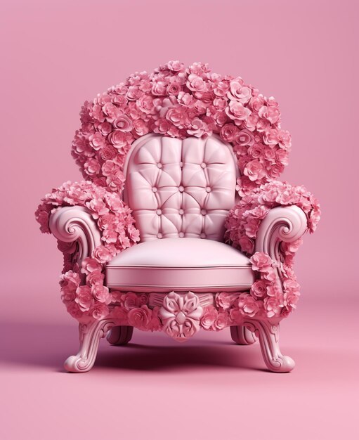 różowe krzesło z kwiatami z tyłu i w prawym dolnym rogu.