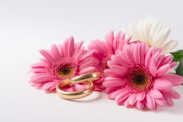 Różowe kwiaty i dwa złote obrączki ślubne na białym tle