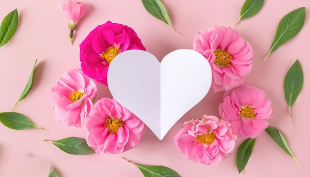 Różowe kwiaty i serce ze słowem miłość