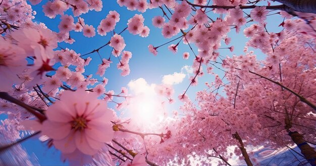 różowe kwiaty kwitną pod błękitnym niebem w stylu dekoracyjnego tła