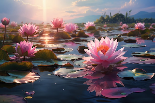 różowe kwiaty lotosu na rzece o zachodzie słońca
