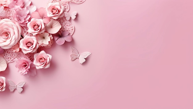 Różowe kwiaty na różowym tle z motylami