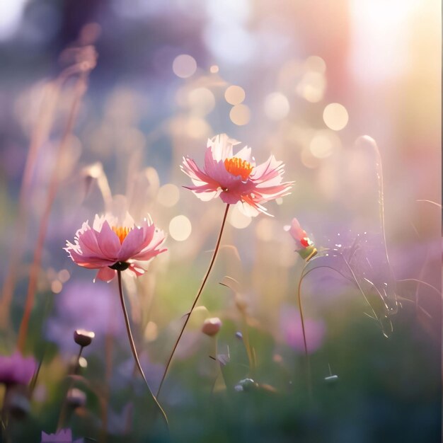 Różowe kwiaty na tle zielonej trawy niewyraźny efekt bokeh w tleKwiaty kwitnące symbol wiosny nowego życia